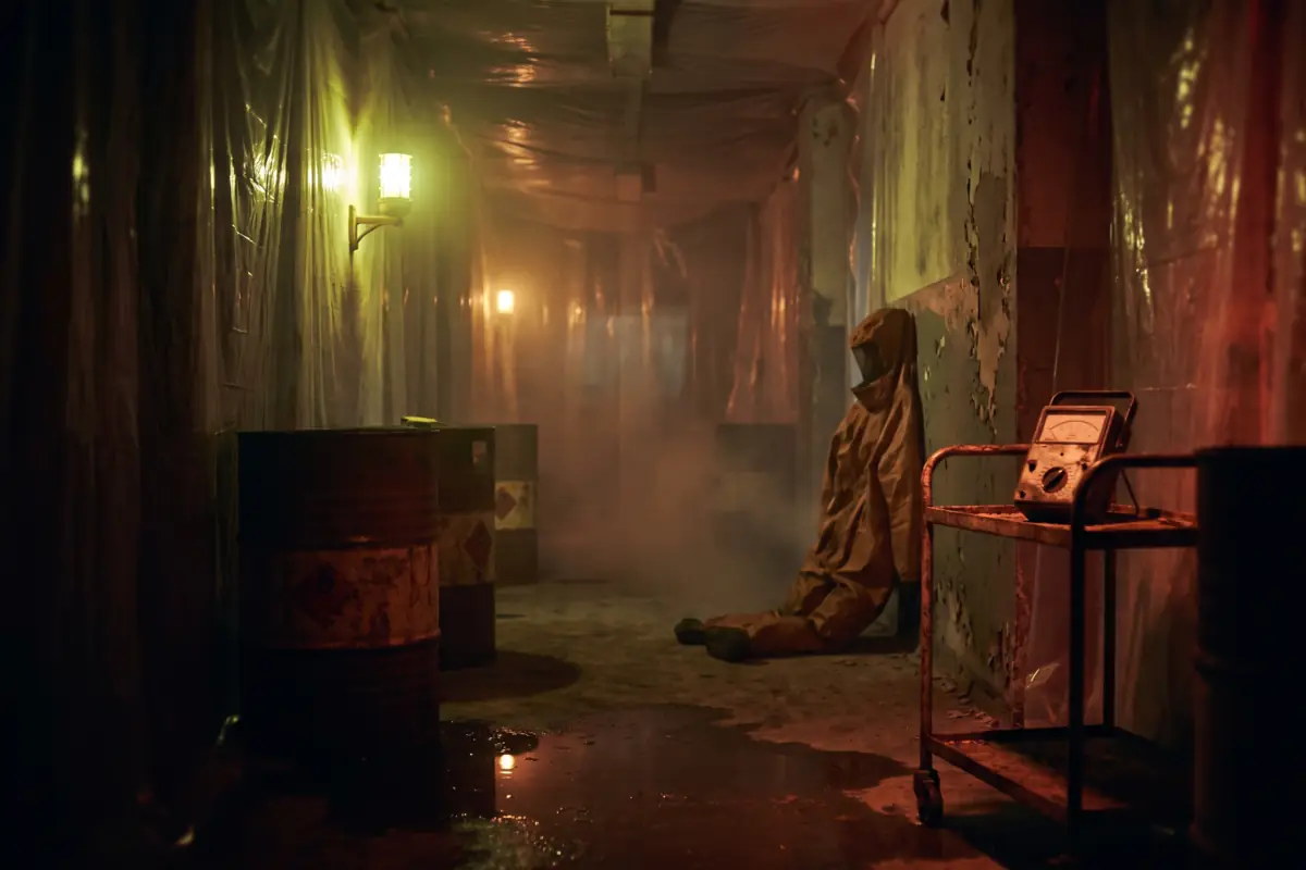 A contaminated decontamination corridor scene at Nightmare's Gate