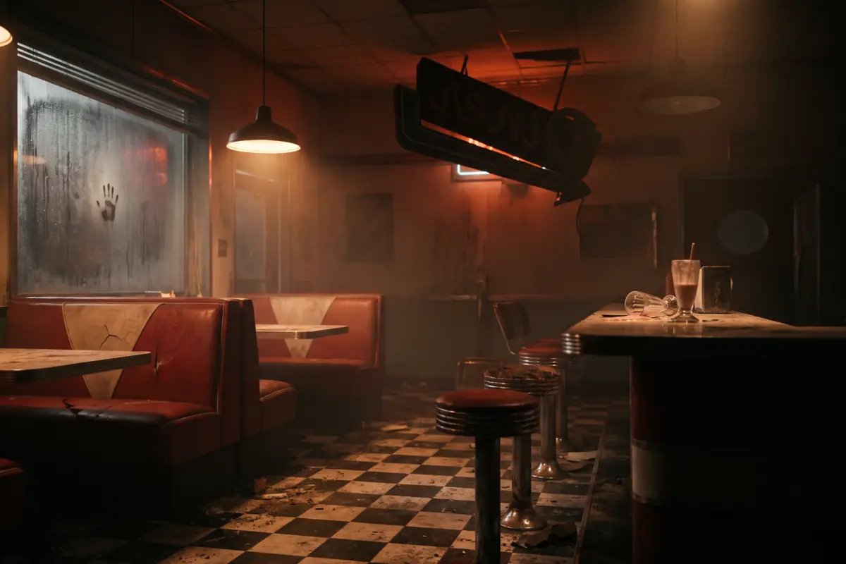 An abandoned 1950s diner scene at Nightmare's Gate