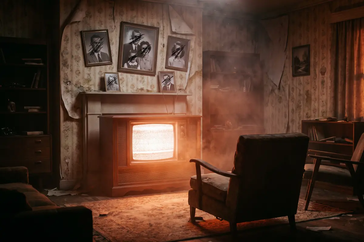 A mid-century living room scene at Nightmare's Gate