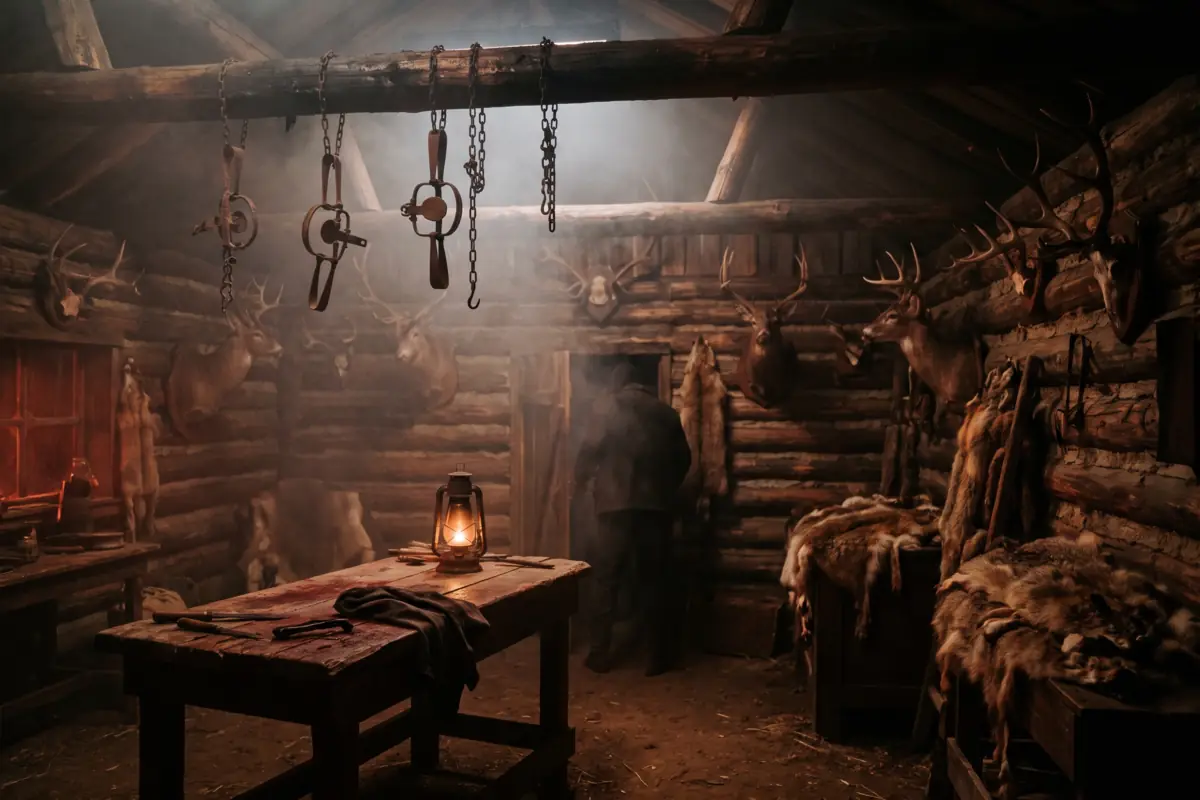 A hunter's cabin scene with traps and taxidermy at Nightmare's Gate