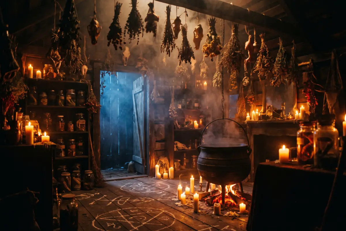 A witch's hut scene with candles and hanging herbs at Nightmare's Gate