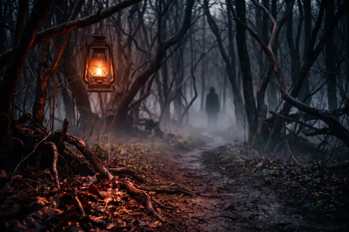 A fog-filled haunted forest trail at Nightmare's Gate