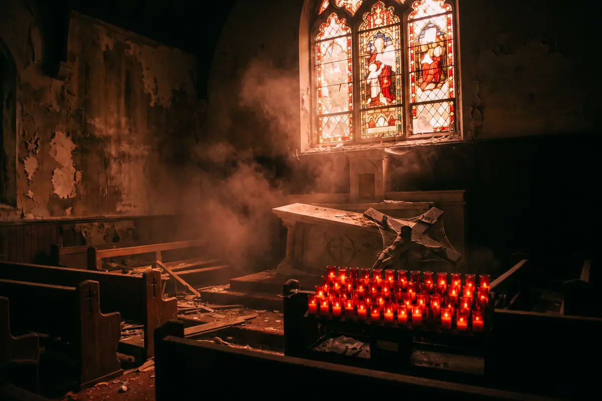 A ruined church interior scene at Nightmare's Gate