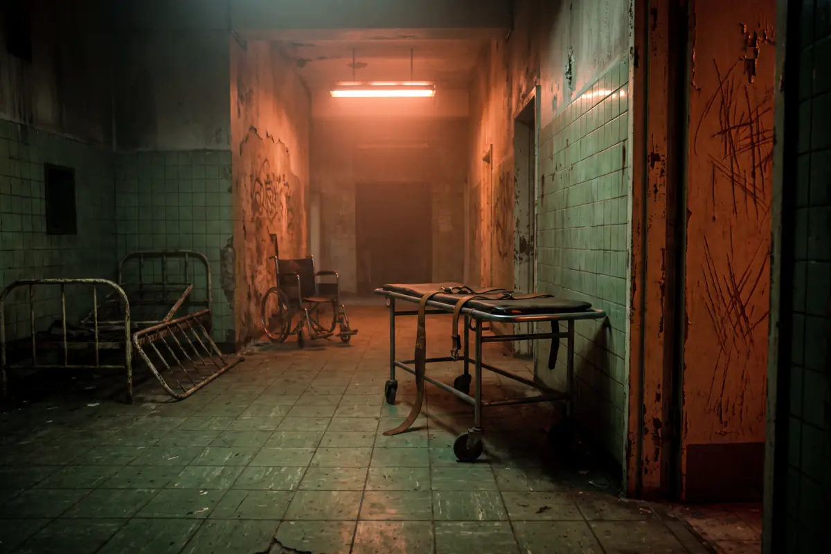 An abandoned asylum corridor scene at Nightmare's Gate